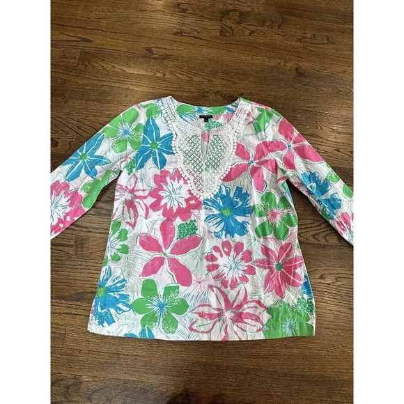 Talbots Womens Large Bright Floral 3/4 Sleeve Popover Cotton V-Neck Top X0917 - Picture 6 of 12